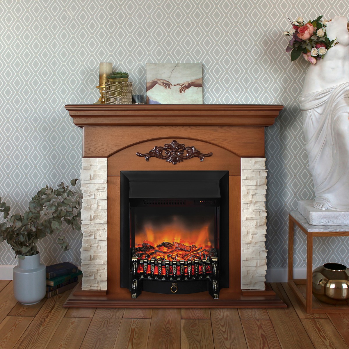 Электрокамин RealFlame Neapolis NT орех с очагом Fobos Lux Black RC