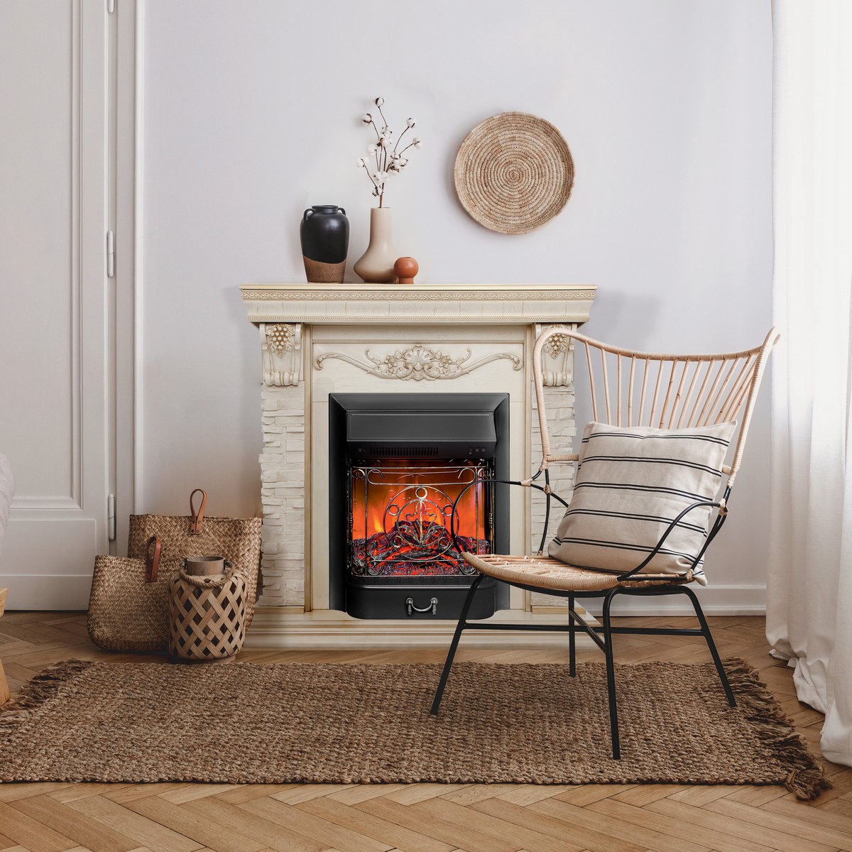 Электрокамин RealFlame Patricia WT белый дуб с золотой патиной с очагом Majestic Lux Black
