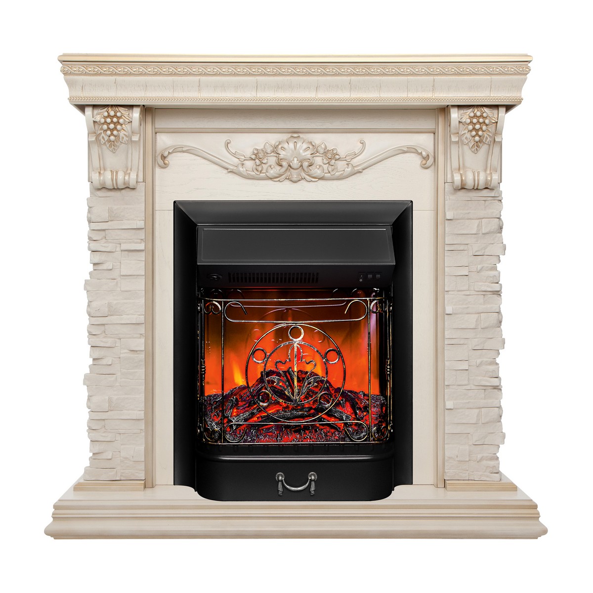 Электрокамин RealFlame Patricia WT белый дуб с золотой патиной с очагом Majestic Lux Black RC