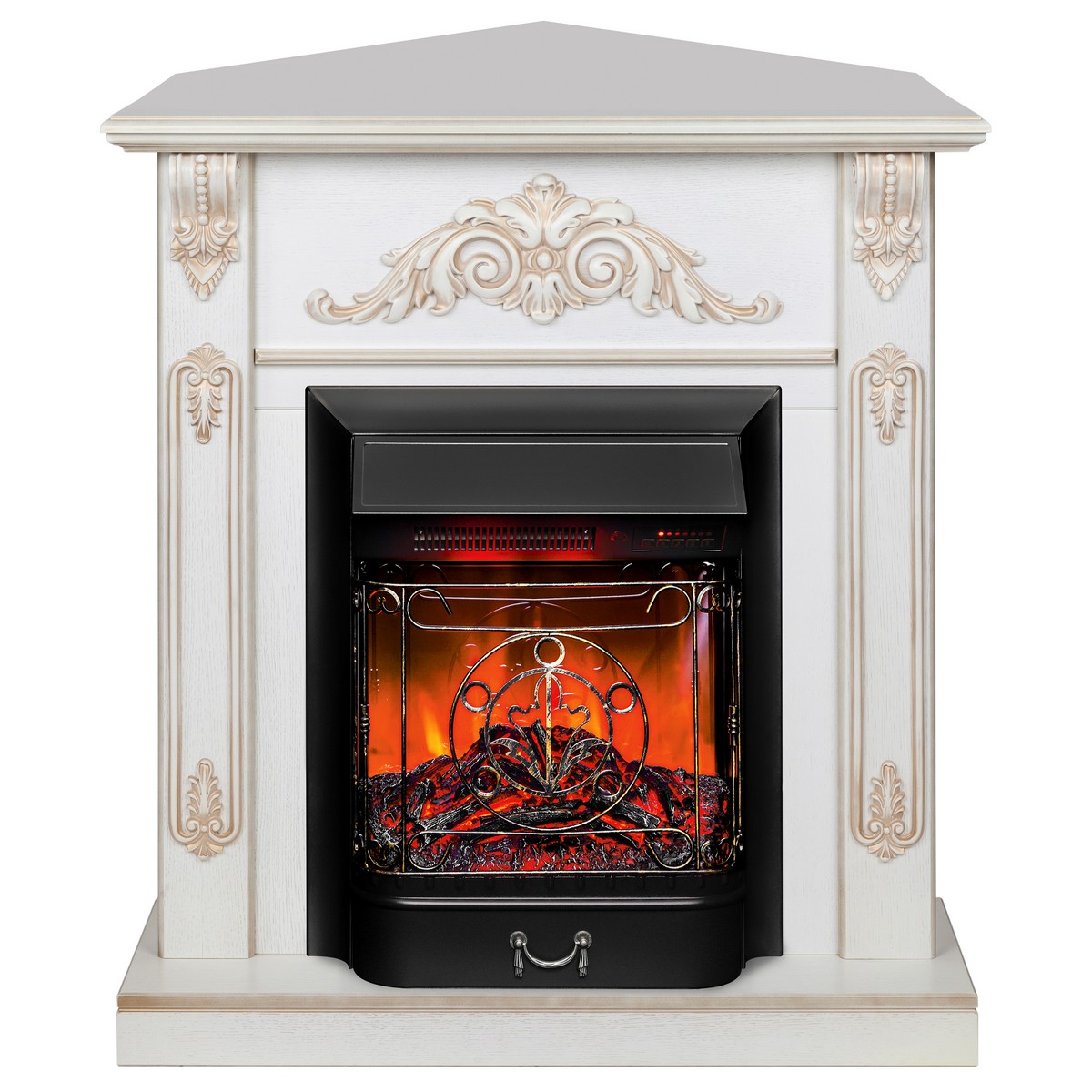Электрокамин RealFlame Anita Corner WT дуб белый с золотой патиной с очагом Majestic Lux Black RC