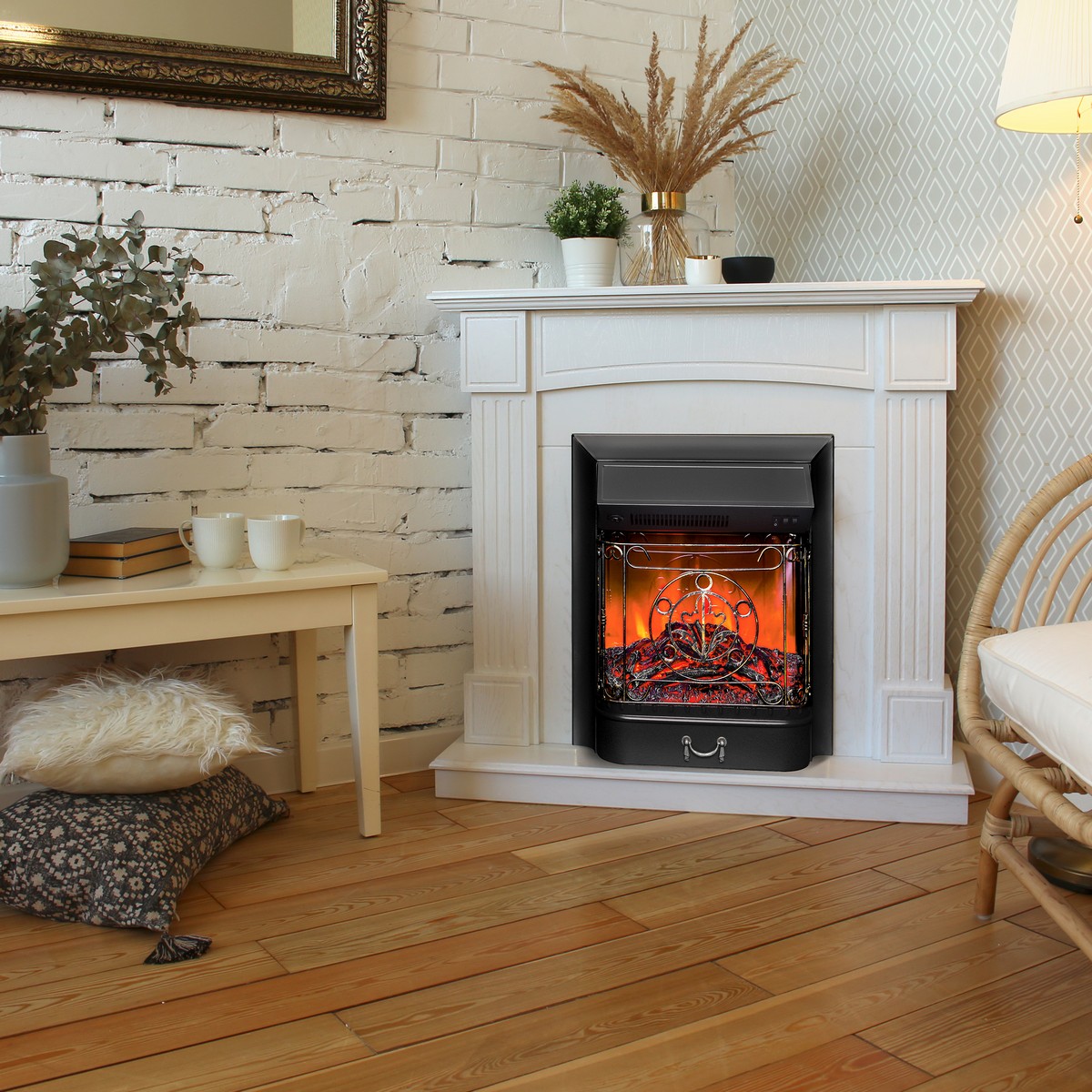 Электрокамин RealFlame Andrea Corner WT фактурный белый с очагом Majestic Lux Black