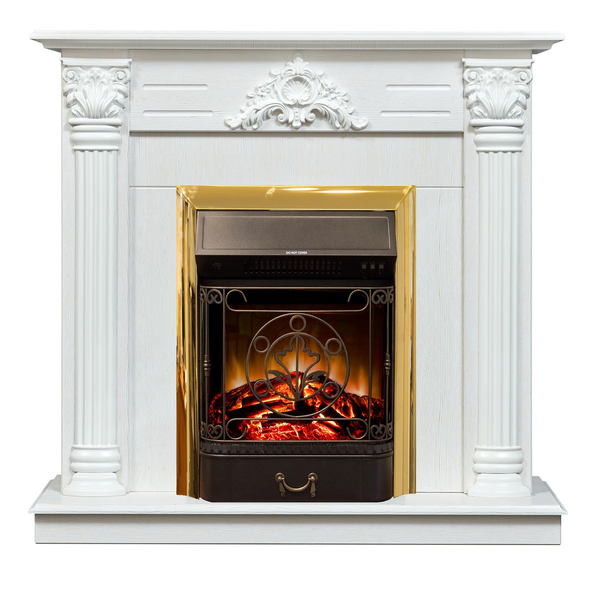 Электрокамин RealFlame Stefania WT белое золото с очагом Majestic Lux Brass